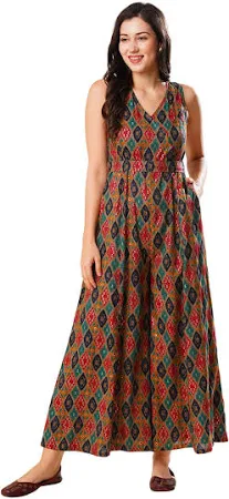Women Ethnic Gold Foil Printed Wrap Neck Belted Flared Leg Fusion Jumpsuit by Myntra